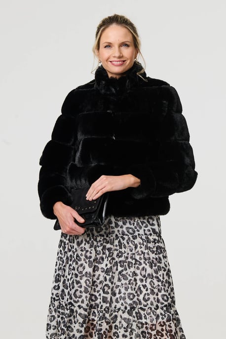 Black Faux Fur High Neck Cropped Jacket - Image 1