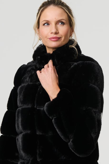 Black Faux Fur High Neck Cropped Jacket - Image 2