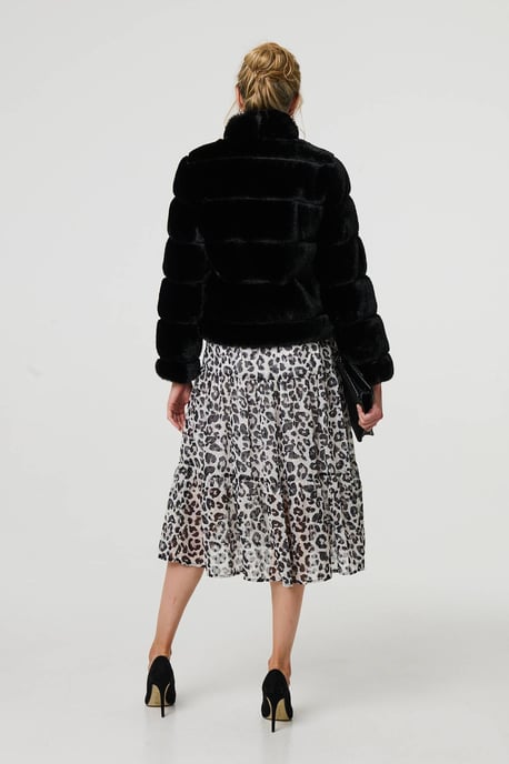 Black Faux Fur High Neck Cropped Jacket - Image 3