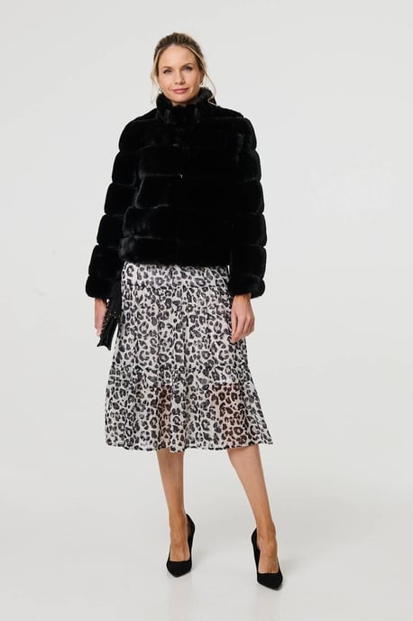 Black Faux Fur High Neck Cropped Jacket - Image 4