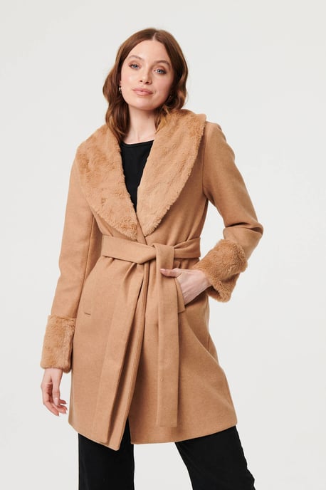 Beige Faux Fur Trim Tie Waist Longline Coat - Image 1