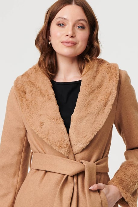 Beige Faux Fur Trim Tie Waist Longline Coat - Image 2