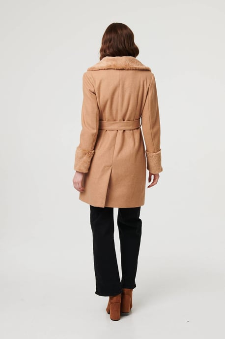 Beige Faux Fur Trim Tie Waist Longline Coat - Image 3