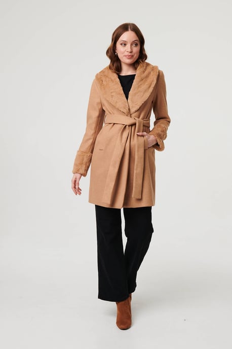Beige Faux Fur Trim Tie Waist Longline Coat - Image 4