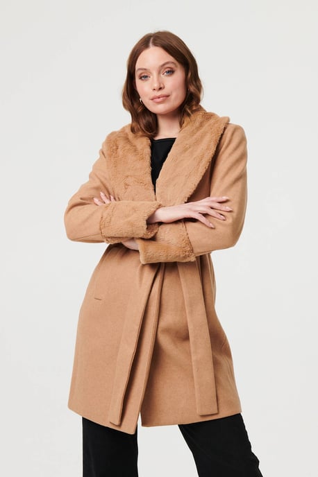 Beige Faux Fur Trim Tie Waist Longline Coat - Image 6