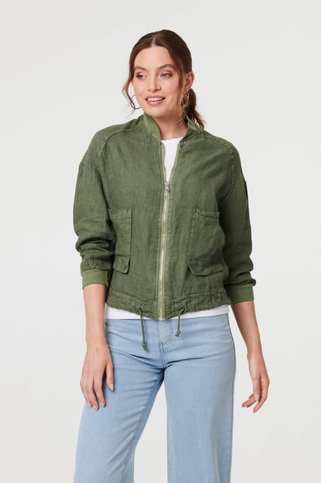 Khaki Pocket Detail Zip Front Bomber Jacket - Image 1
