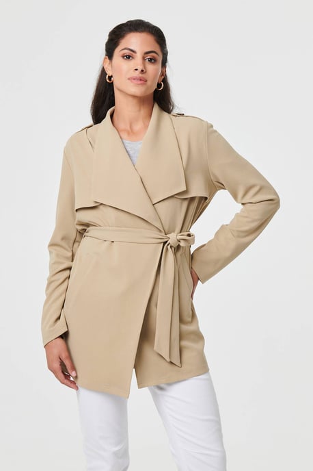 Khaki Self Tie Thigh Length Lightweight Coat - Image 1