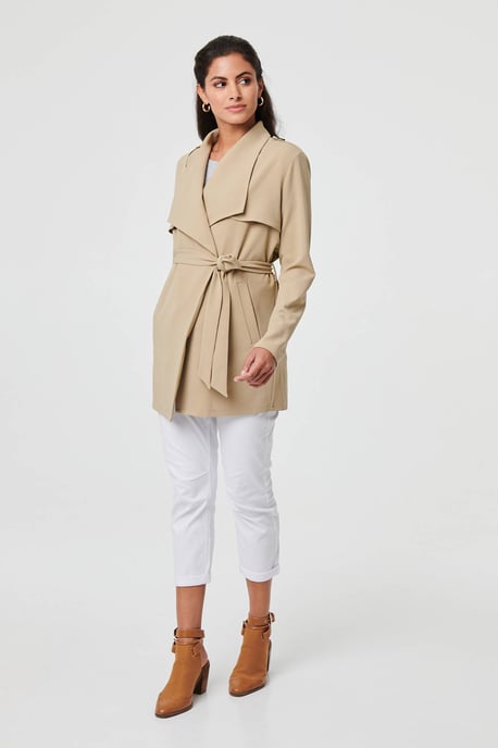 Khaki Self Tie Thigh Length Lightweight Coat - Image 4