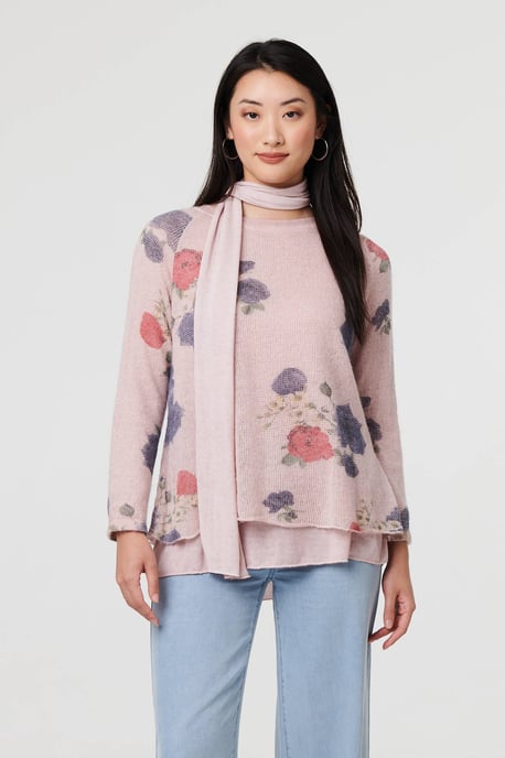 Pink Floral Layered Tunic Top with Scarf - Image 1