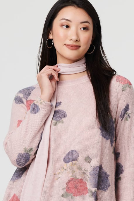 Pink Floral Layered Tunic Top with Scarf - Image 2