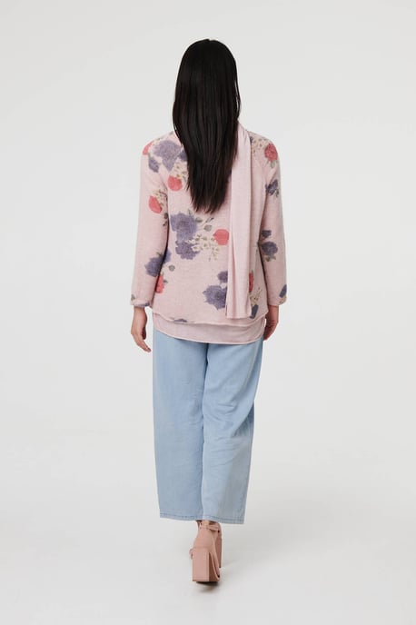 Pink Floral Layered Tunic Top with Scarf - Image 3
