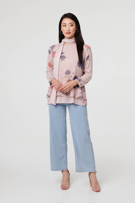 Pink Floral Layered Tunic Top with Scarf - Image 4