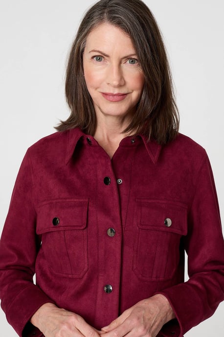 Burgundy Faux Suede Cropped Collared Jacket - Image 2