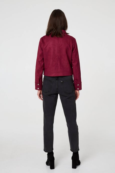 Burgundy Faux Suede Cropped Collared Jacket - Image 3