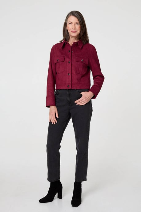 Burgundy Faux Suede Cropped Collared Jacket - Image 4