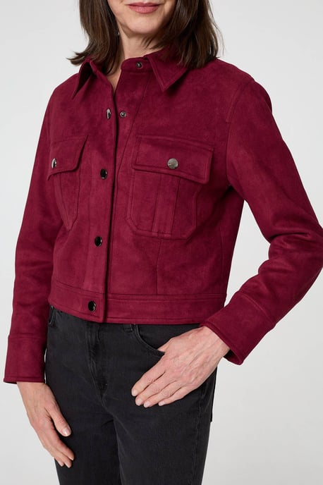 Burgundy Faux Suede Cropped Collared Jacket - Image 6