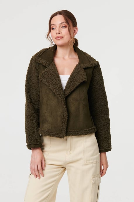 Green Faux Suede Teddy Lined Biker Jacket - Image 1