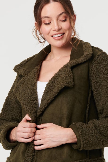 Green Faux Suede Teddy Lined Biker Jacket - Image 2