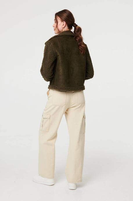 Green Faux Suede Teddy Lined Biker Jacket - Image 3