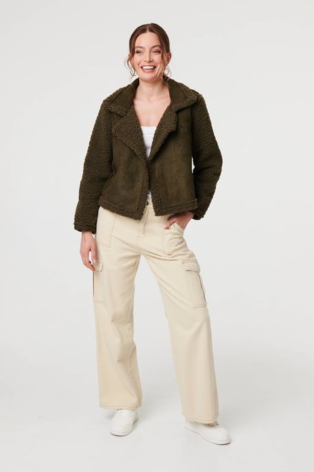 Green Faux Suede Teddy Lined Biker Jacket - Image 4