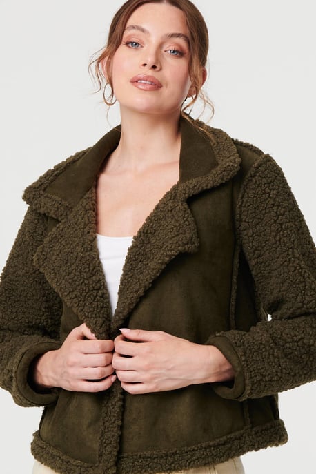 Green Faux Suede Teddy Lined Biker Jacket - Image 5