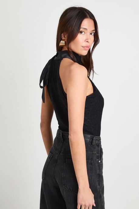 Lace Satin Bow Detail High Neck Bodysuit - Image 2