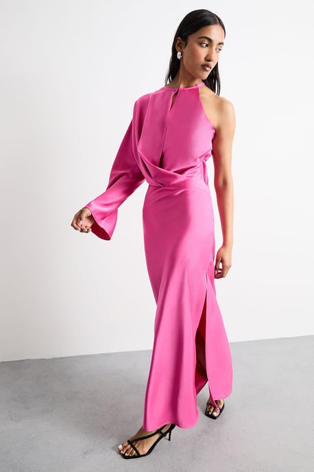 One Shoulder Twist Front Keyhole Satin Maxi Dress - Image 4