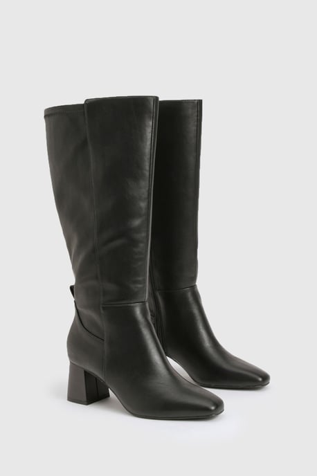Wide Fit Stretch Knee High Flared Block Heeled Boots - Image 2