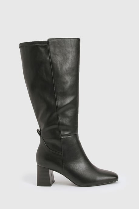Wide Fit Stretch Knee High Flared Block Heeled Boots - Image 3