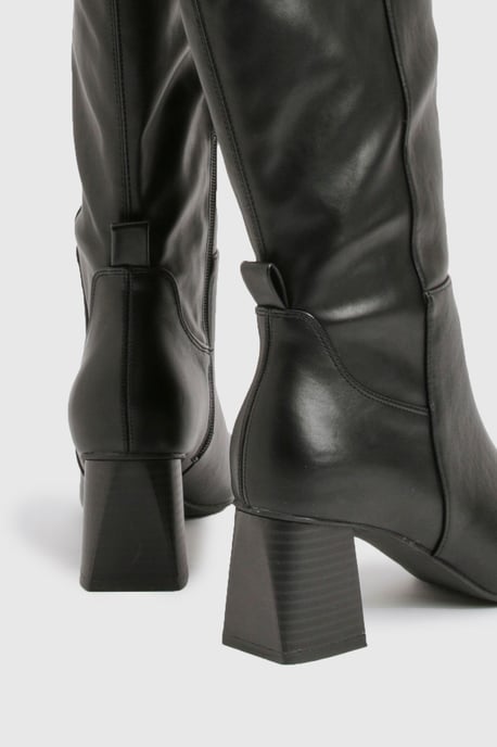 Wide Fit Stretch Knee High Flared Block Heeled Boots - Image 4