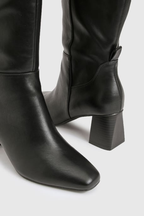Wide Fit Stretch Knee High Flared Block Heeled Boots - Image 6