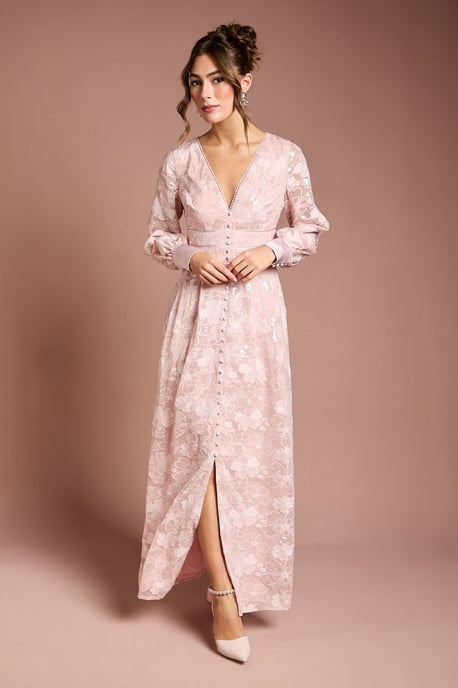Blouson Sleeve V Neck Sequin Floral Mesh Midaxi Dress - Image 1