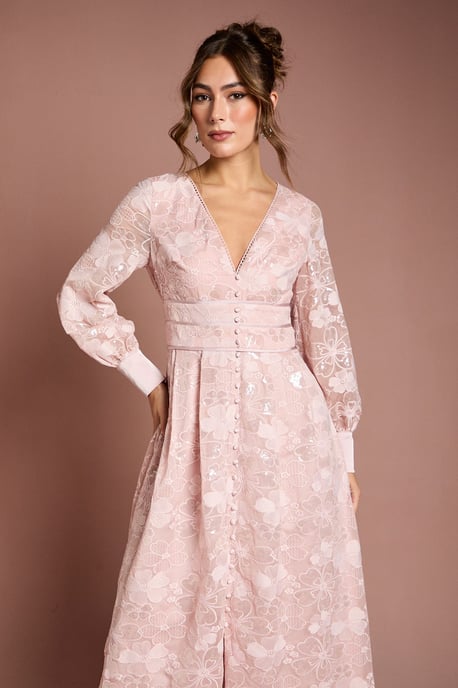 Blouson Sleeve V Neck Sequin Floral Mesh Midaxi Dress - Image 2