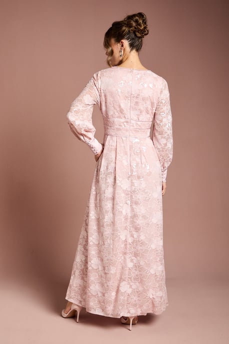 Blouson Sleeve V Neck Sequin Floral Mesh Midaxi Dress - Image 3