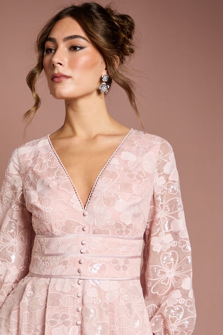 Blouson Sleeve V Neck Sequin Floral Mesh Midaxi Dress - Image 4