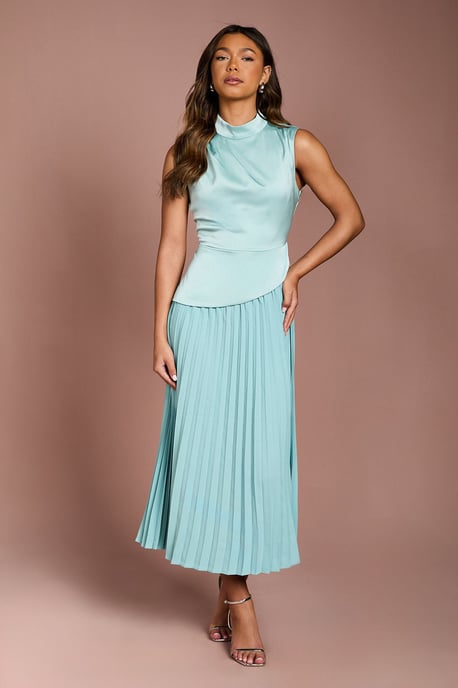 Drape High Neck Pleated Skirt Midi Dress - Image 1