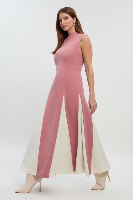 Petite Compact Stretch Tailored Colour Block Full Skirted Midi Dress - Image 1
