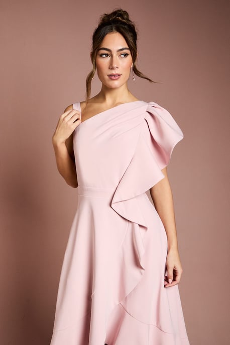 One Shoulder Crepe Ruffle Midi Dress - Image 2