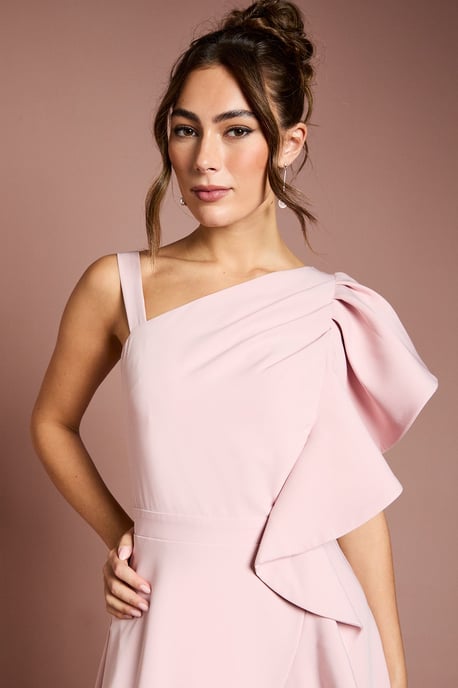 One Shoulder Crepe Ruffle Midi Dress - Image 4