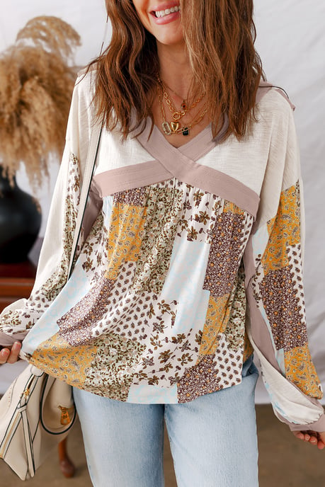 Blommig Patchwork Långärmad Topp - Image 3