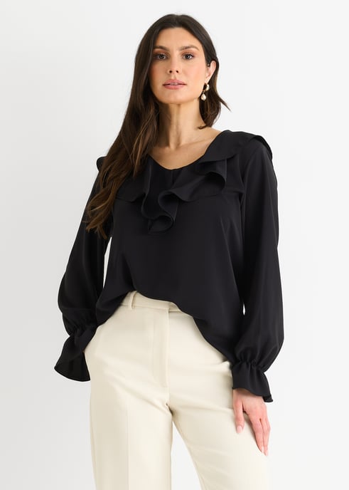 Black Wide Frill Loose Fit Blouse - Image 2