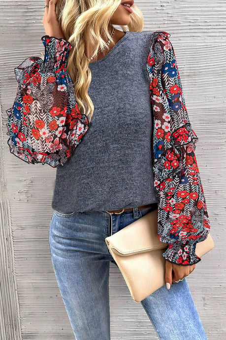 Blue Ruffle Tiered Floral Sleeve Crew Neck Blouse - Image 1