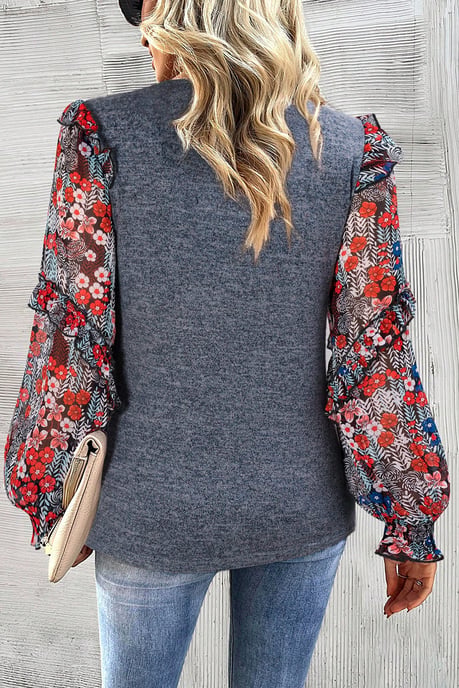 Blue Ruffle Tiered Floral Sleeve Crew Neck Blouse - Image 2