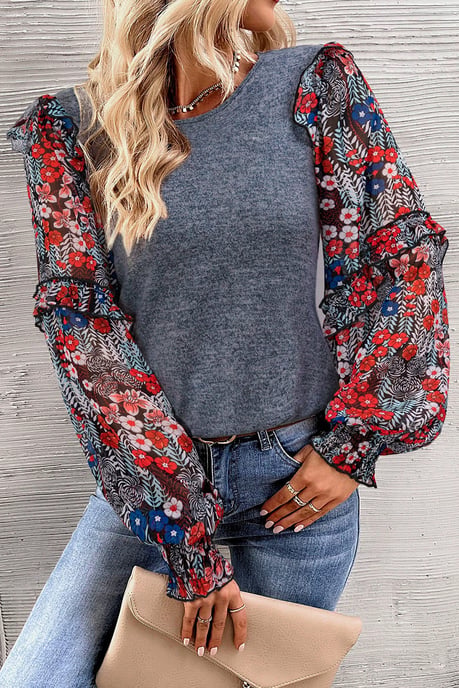 Blue Ruffle Tiered Floral Sleeve Crew Neck Blouse - Image 3