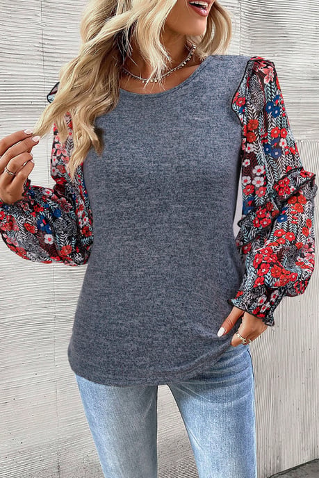 Blue Ruffle Tiered Floral Sleeve Crew Neck Blouse - Image 4