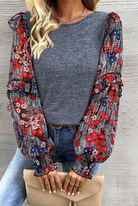 Blue Ruffle Tiered Floral Sleeve Crew Neck Blouse - Image 5