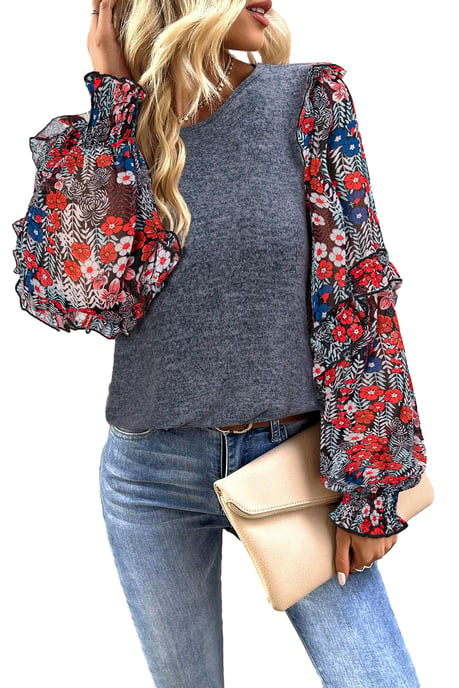 Blue Ruffle Tiered Floral Sleeve Crew Neck Blouse - Image 6