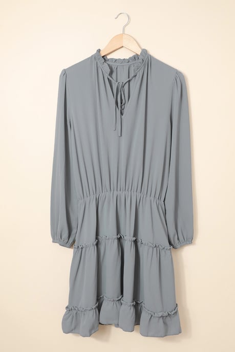 Gray V Neck Long Sleeve Ruffle Tiered Mini Dress - Image 3