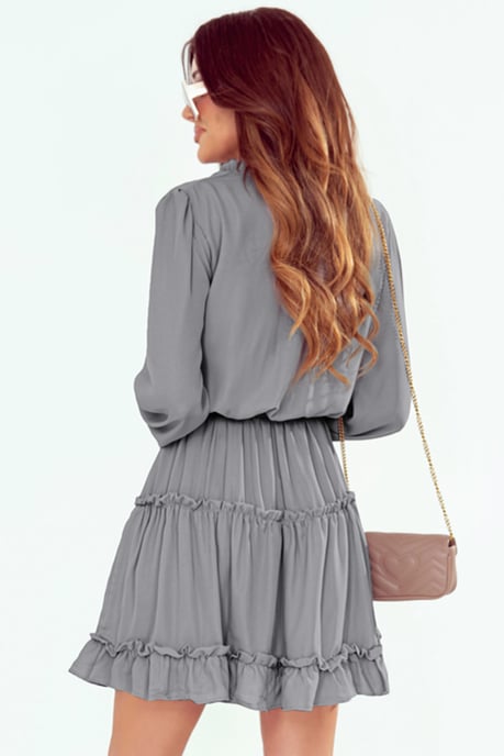 Gray V Neck Long Sleeve Ruffle Tiered Mini Dress - Image 6
