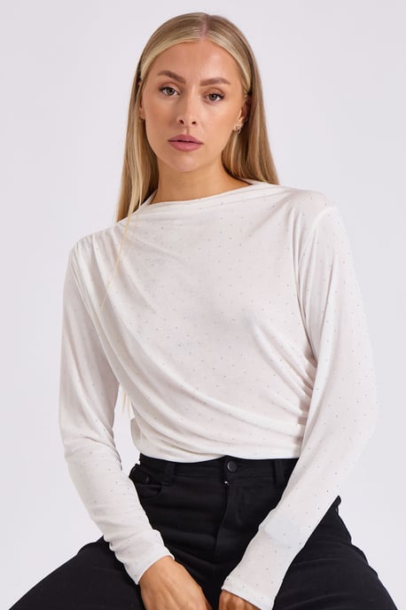 White Diamante Stud Cowl Front Bodysuit - Image 2